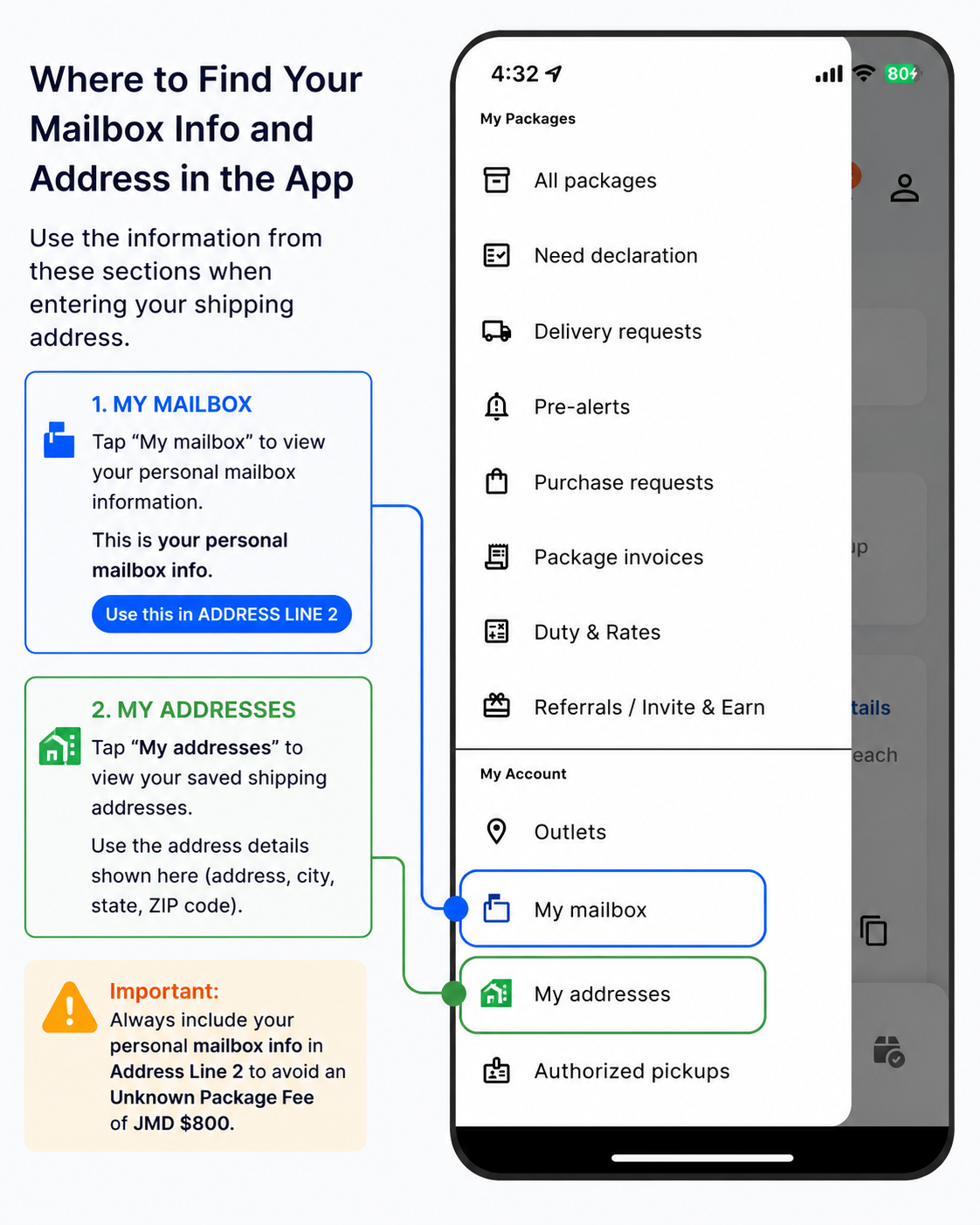 Where to find My Mailbox and My Addresses in the app