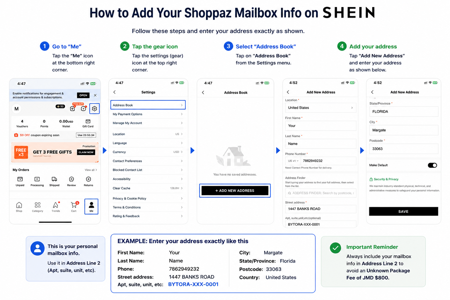 How to add your Shoppaz mailbox info on SHEIN